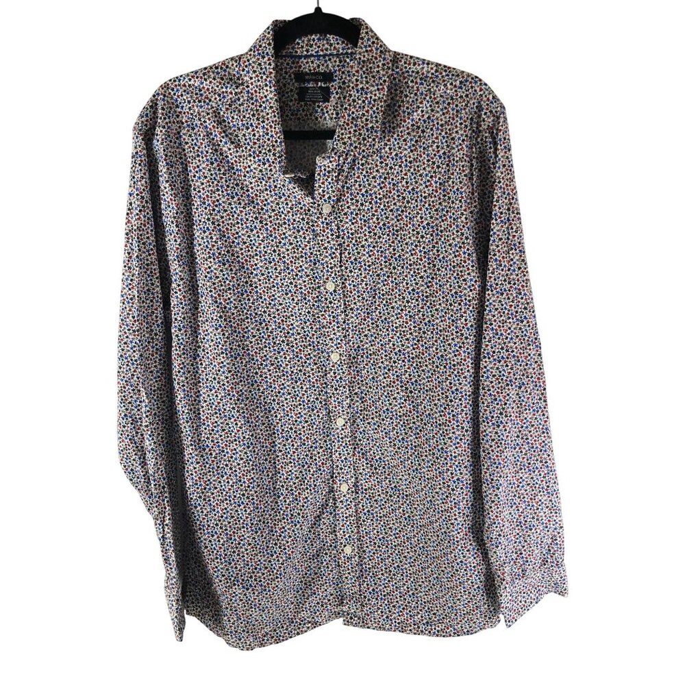 RW & Co Mens Button Down Shirt Slim Fit Non-Iron Floral Print Cotton Blue Red XL